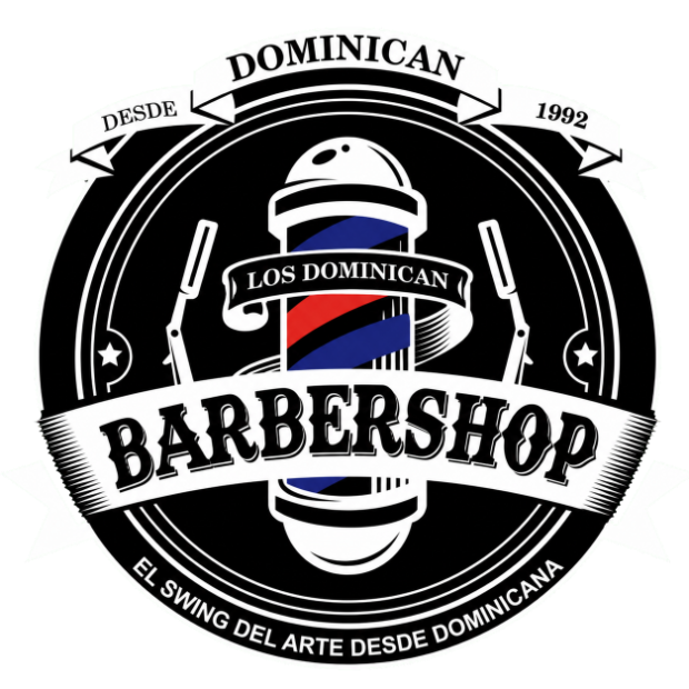 Logo de Los Dominican Barbershop: poste de barbero con navajas y la leyenda El swing del arte desde Dominicana